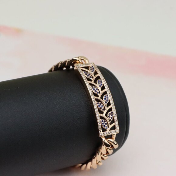 "Bold Leaf Design Rose Gold Bracelet with Blue Stones, XPBL0768 - Picture 4 of 12